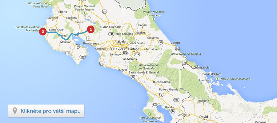 Cestopis Kostarika - Mapa cesty ze Santa Eleny do Tamarinda